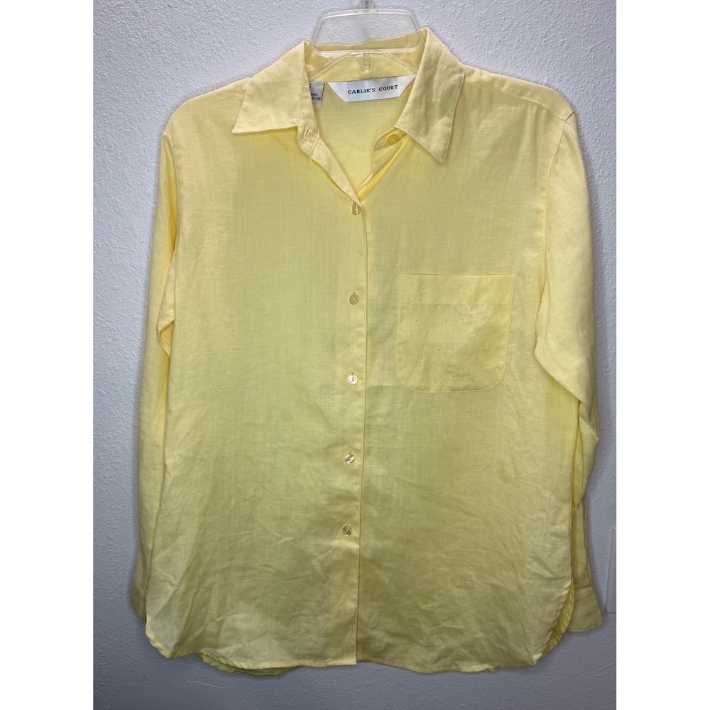 Carlie's Court Linen Button Down‎ Shirt Women Small Yellow Long Sleeve